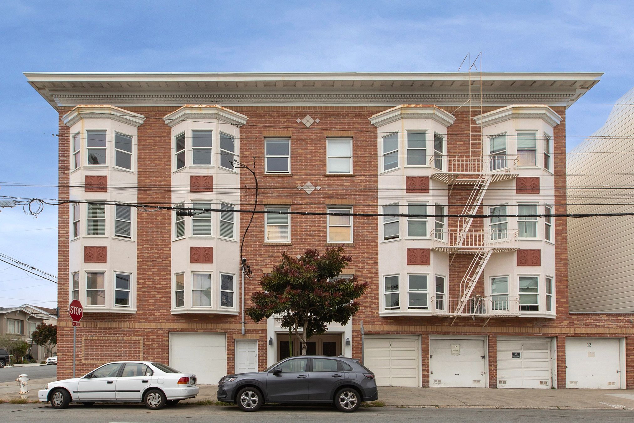 San Francisco apartment building at dusk